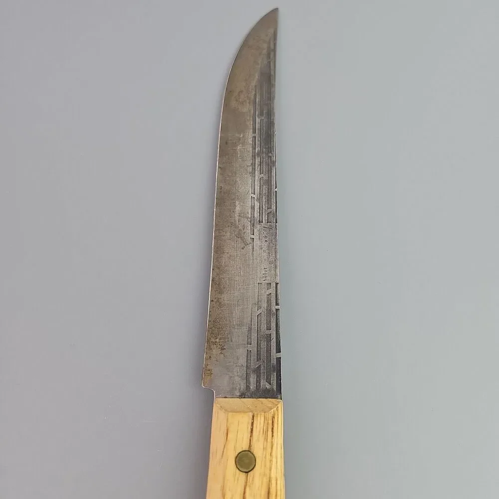 Vintage Forgecraft Hi Carbon Steel Chefs Slicing Knife 8 in Blade Wood Handle